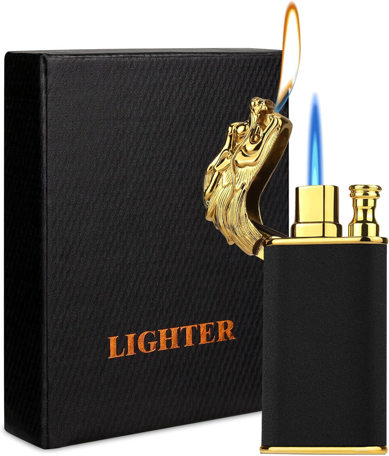 Cool Dual Flame Dragon Lighter,Outdoor Windproof Dragon Torch Lighter,Switchable Soft/Jet Flame Lighter,Double Flame Refillable Butane Lighter,Cool Lighter Creative Gift for Men Without Butane