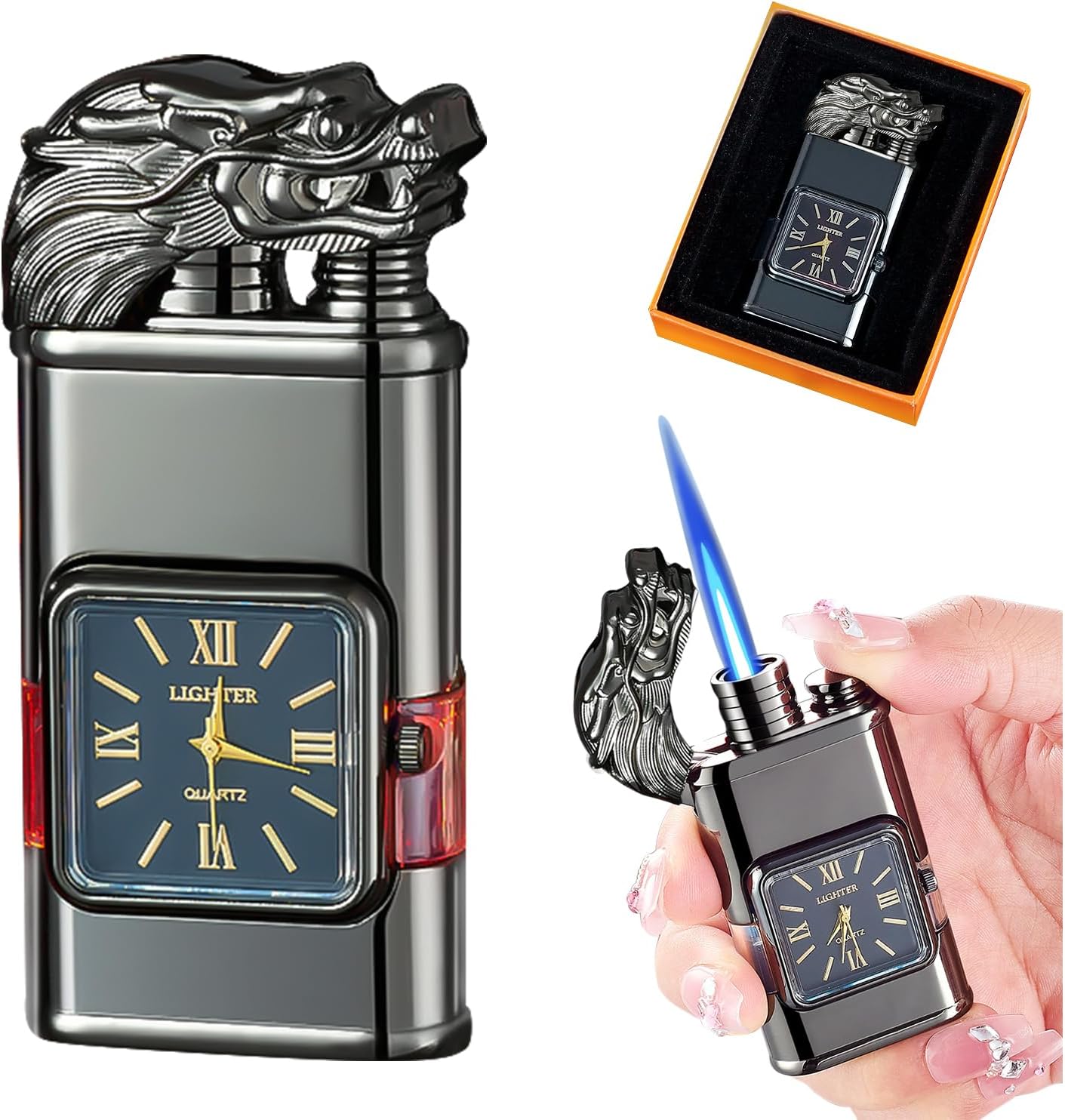 Windproof Lighter Vintage Watch Bezel Jet Flame Torch,Jet Torch Butane Lighter Dragon Head-Shaped Design(Butane Not Included) (Box)