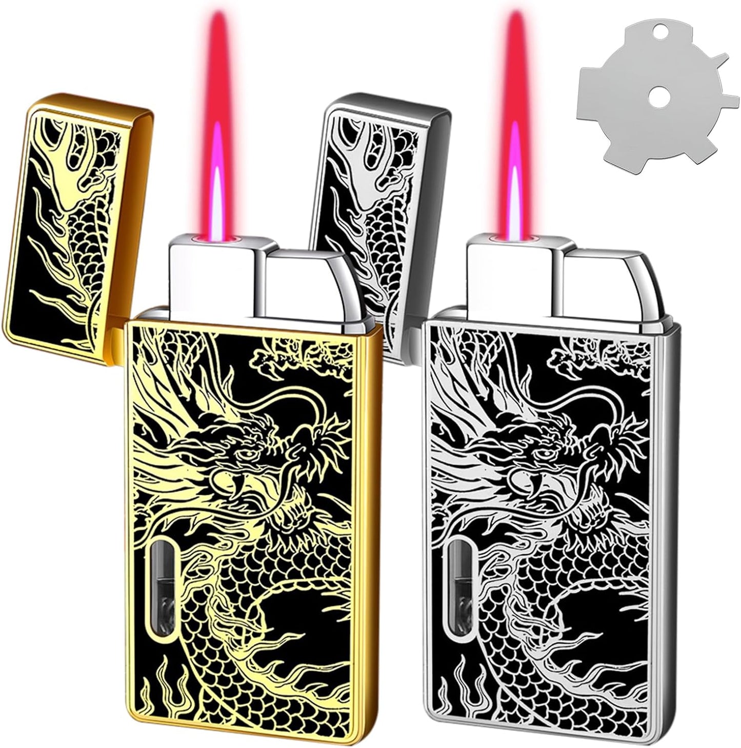 Torch Lighter Butane Refillable, 2 Pack Jet Flame Butane Lighter with Visible Window, Cool Adjustable Jet Flame Dragon Lighter, Great Gifts for Men and Women, Family Use(Without Butane Gas)