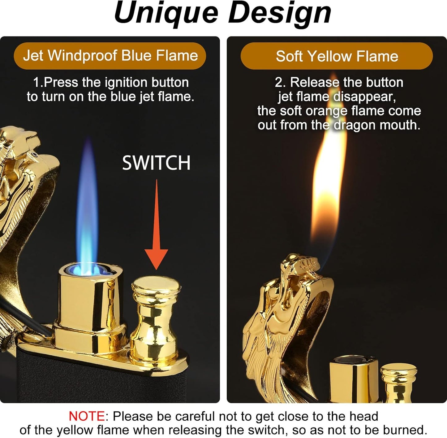 Cool Dual Flame Dragon Lighter,Outdoor Windproof Dragon Torch Lighter,Switchable Soft/Jet Flame Lighter,Double Flame Refillable Butane Lighter,Cool Lighter Creative Gift for Men Without Butane