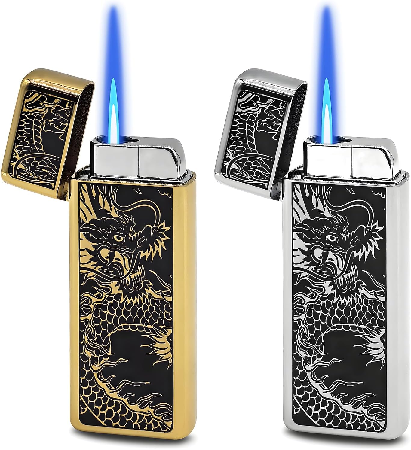 Torch Lighter Butane Refillable, 2 Pack Jet Flame Butane Lighter with Visible Window, Cool Adjustable Jet Flame Dragon Lighter, Great Gifts for Men and Women, Family Use(Without Butane Gas)