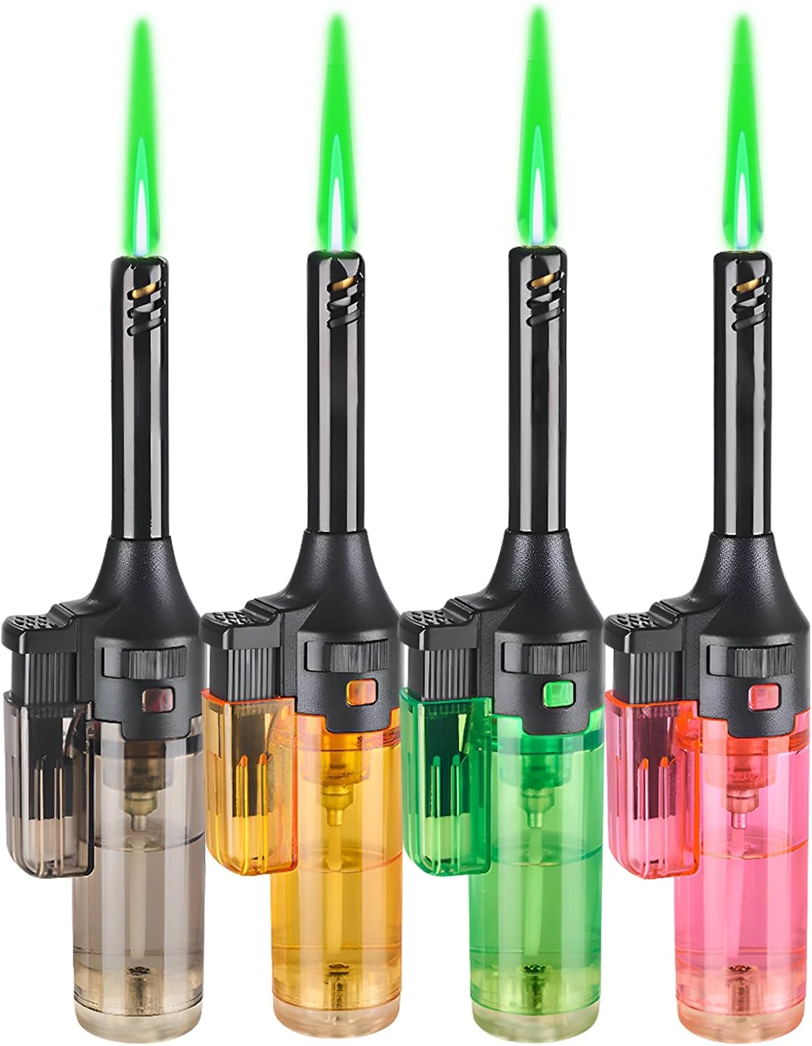 4 Pack of Torch Lighter, Jet Green Flame Lighter Refillable Butane Gas, Portable Windproof Jet Torch Lighter Adjustable Flame Lighter for Kitchen,Outdoor,Candle,Camping (Without Butane Gas)