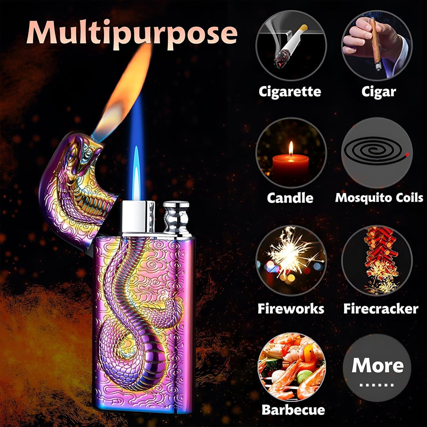 Torch Lighter, Relief Magic Snake Dual Flame Lighter with Adjustment Flame Tool, Creative Windproof Design Jet Flame Torch Lighter, Refillable Butane Lighter Gift Lighters for Outdoor Indoor