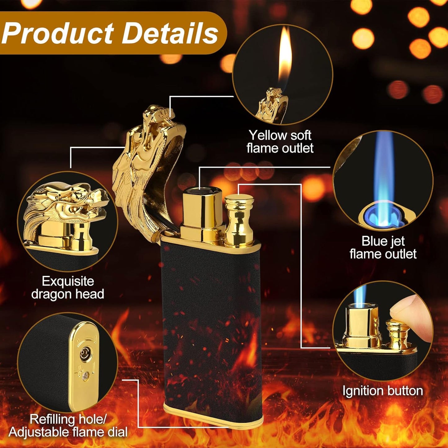 Cool Dual Flame Dragon Lighter,Outdoor Windproof Dragon Torch Lighter,Switchable Soft/Jet Flame Lighter,Double Flame Refillable Butane Lighter,Cool Lighter Creative Gift for Men Without Butane