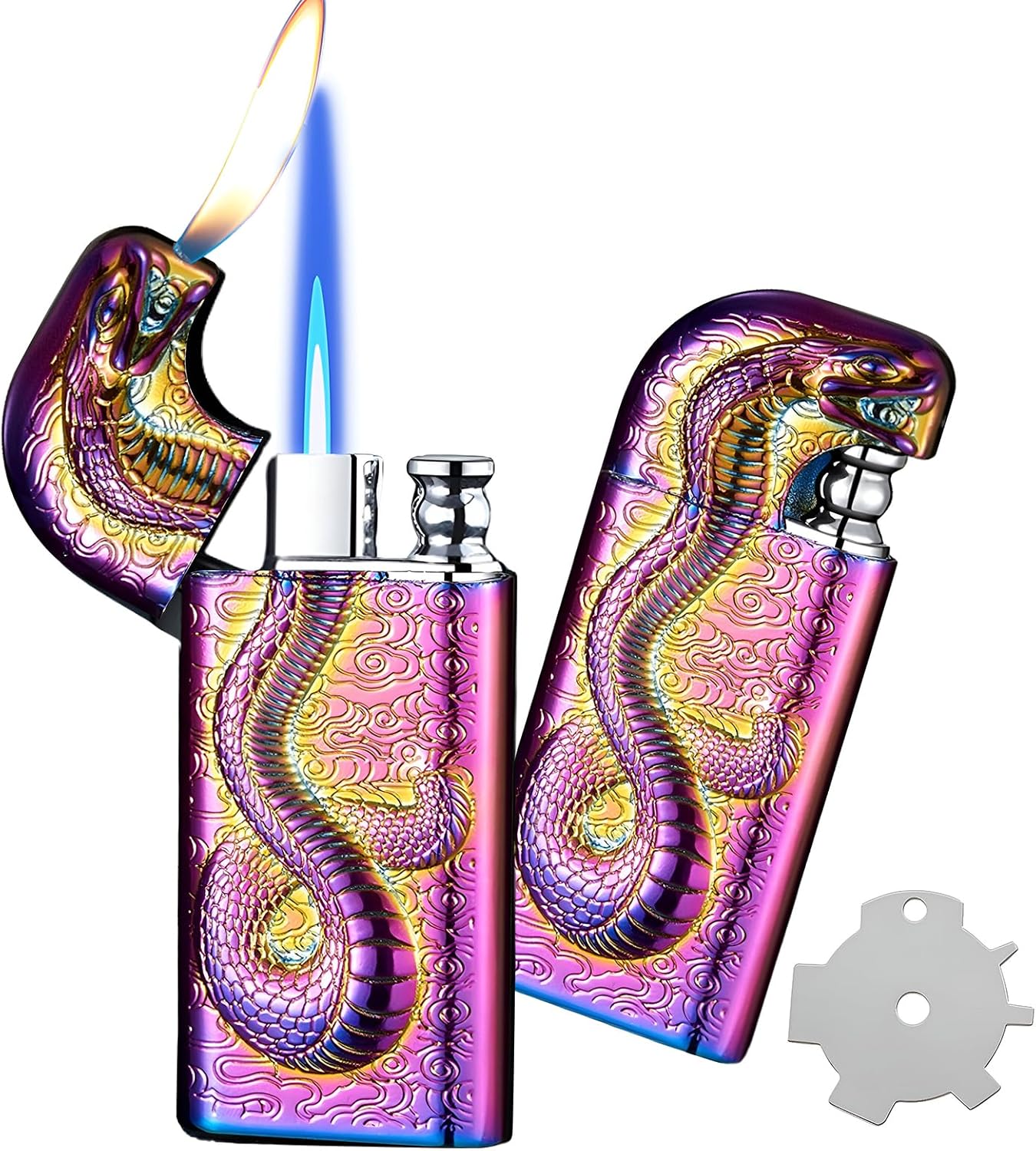 Torch Lighter, Relief Magic Snake Dual Flame Lighter with Adjustment Flame Tool, Creative Windproof Design Jet Flame Torch Lighter, Refillable Butane Lighter Gift Lighters for Outdoor Indoor