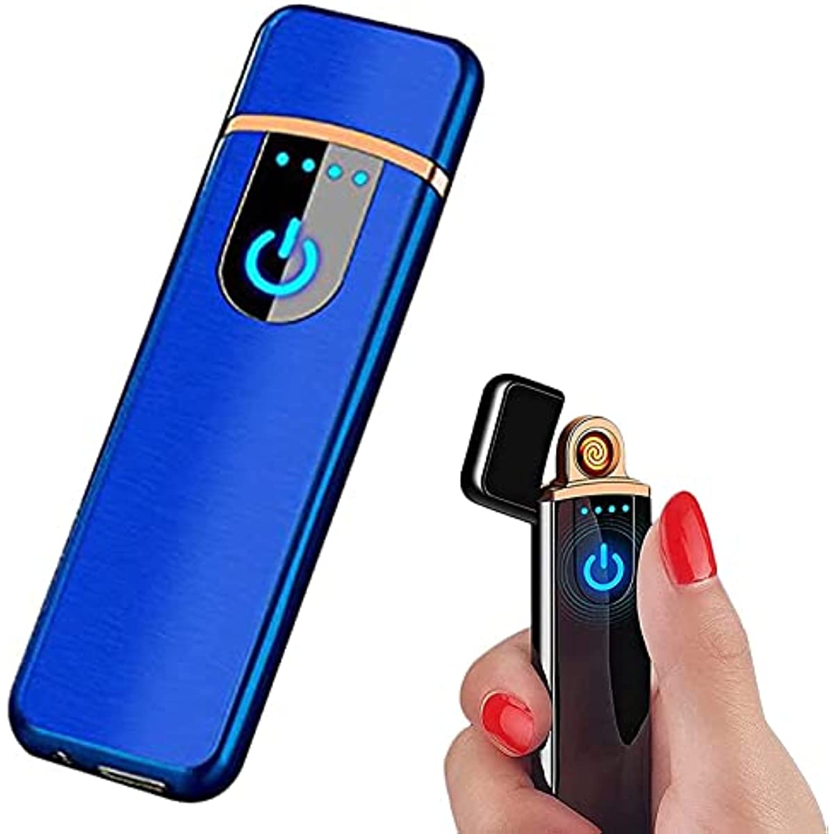 Electronic Lighter, USB Rechargeable Lighter, Mini Creative Touchscreen LED Power Display Windproof Flameless Lighter with Charging Cable, Mute Lighter for Boyfriends Father (Blue-A)