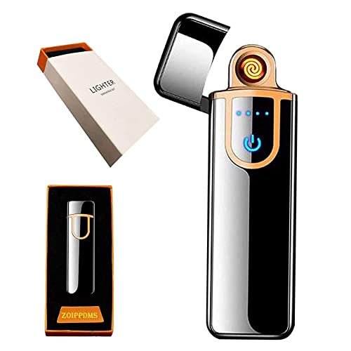 Electronic Lighter, USB Rechargeable Lighter, Mini Creative Touchscreen LED Power Display Windproof Flameless Lighter with Charging Cable, Mute Lighter for Boyfriends Father (Blue-A)