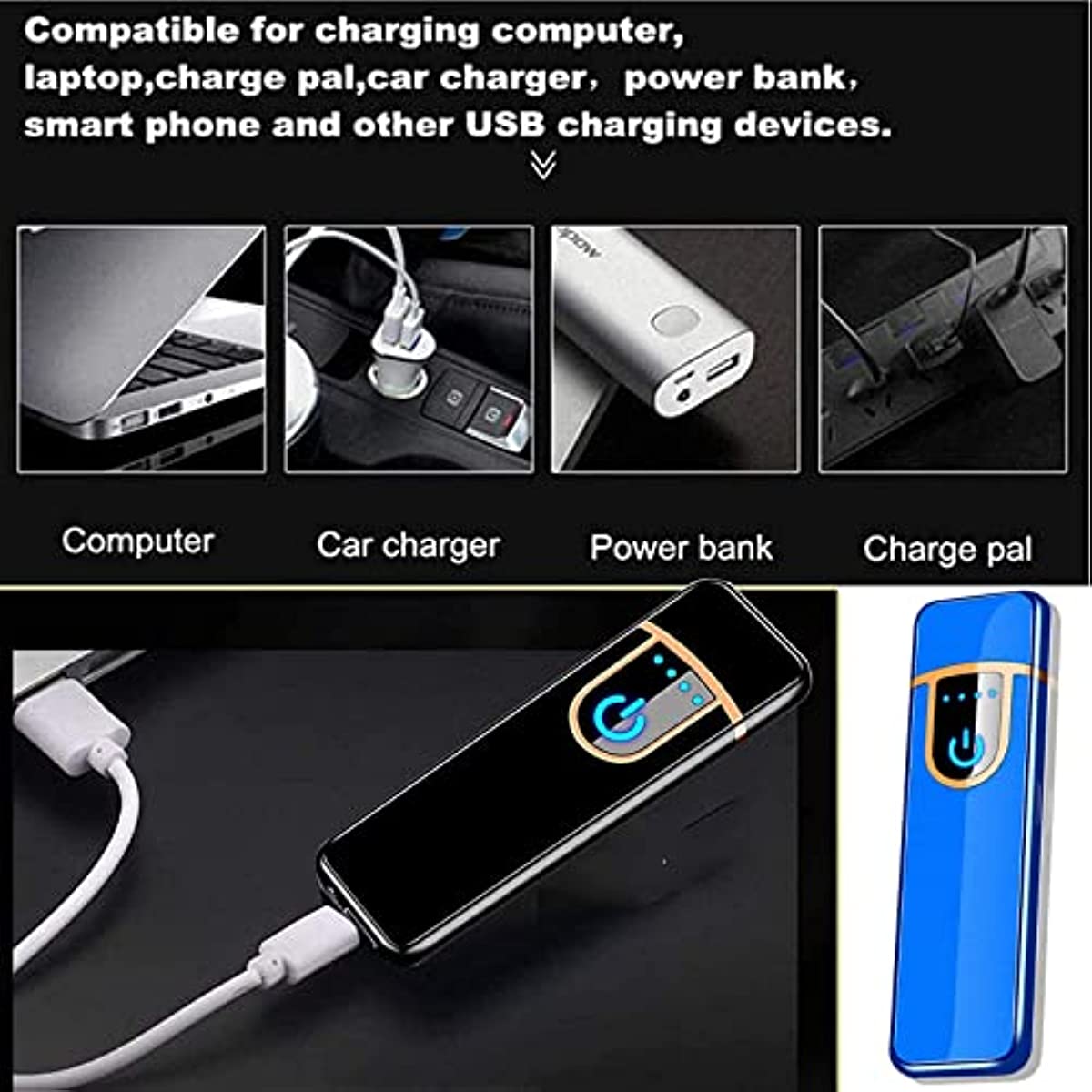 Electronic Lighter, USB Rechargeable Lighter, Mini Creative Touchscreen LED Power Display Windproof Flameless Lighter with Charging Cable, Mute Lighter for Boyfriends Father (Blue-A)