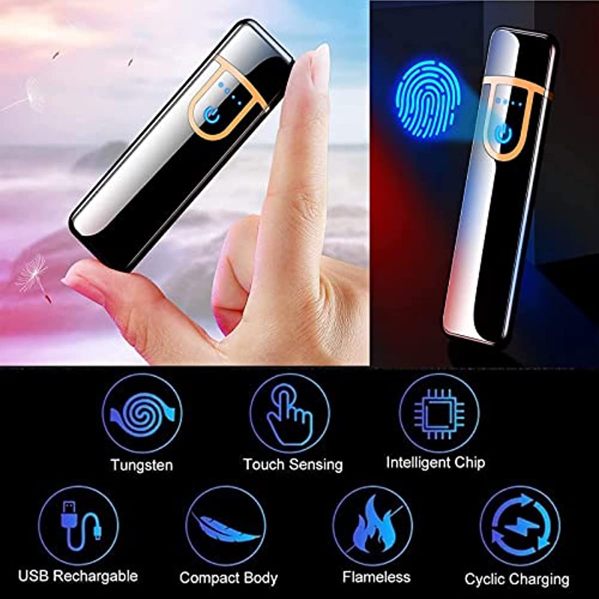 Electronic Lighter, USB Rechargeable Lighter, Mini Creative Touchscreen LED Power Display Windproof Flameless Lighter with Charging Cable, Mute Lighter for Boyfriends Father (Blue-A)