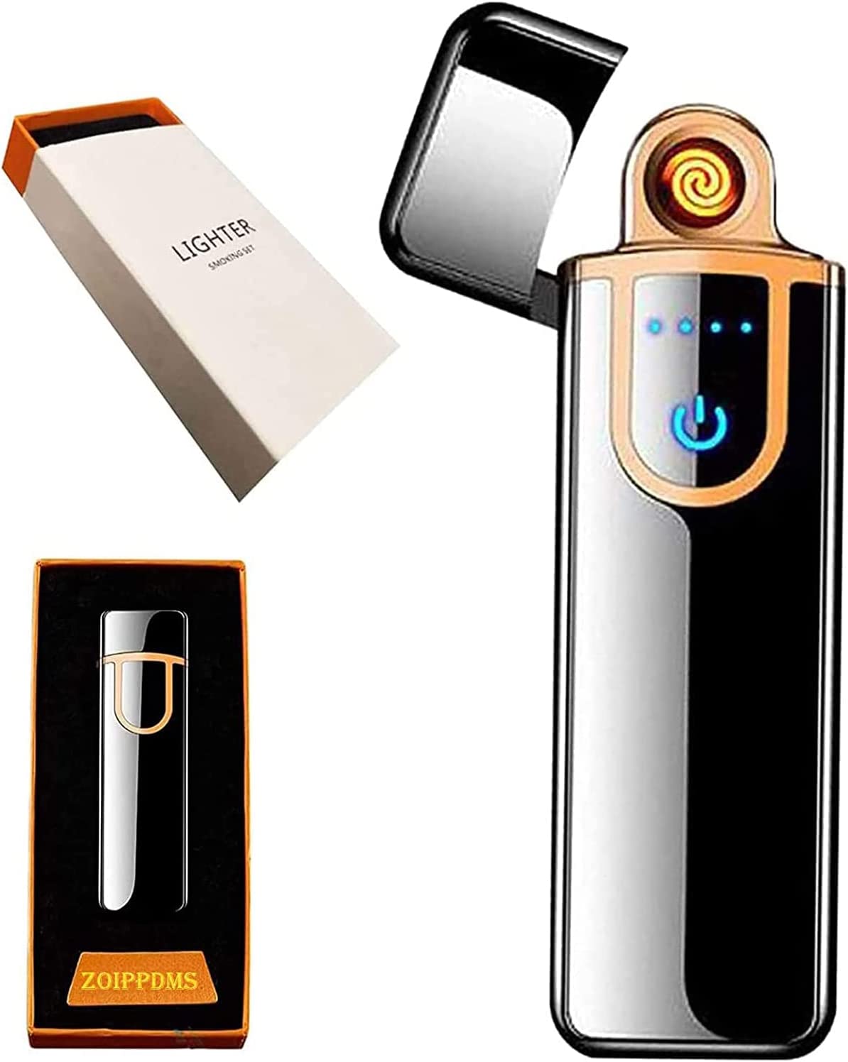 Electronic Lighter, USB Rechargeable Lighter, Mini Creative Touchscreen LED Power Display Windproof Flameless Lighter with Charging Cable, Mute Lighter for Boyfriends Father (Blue-A)