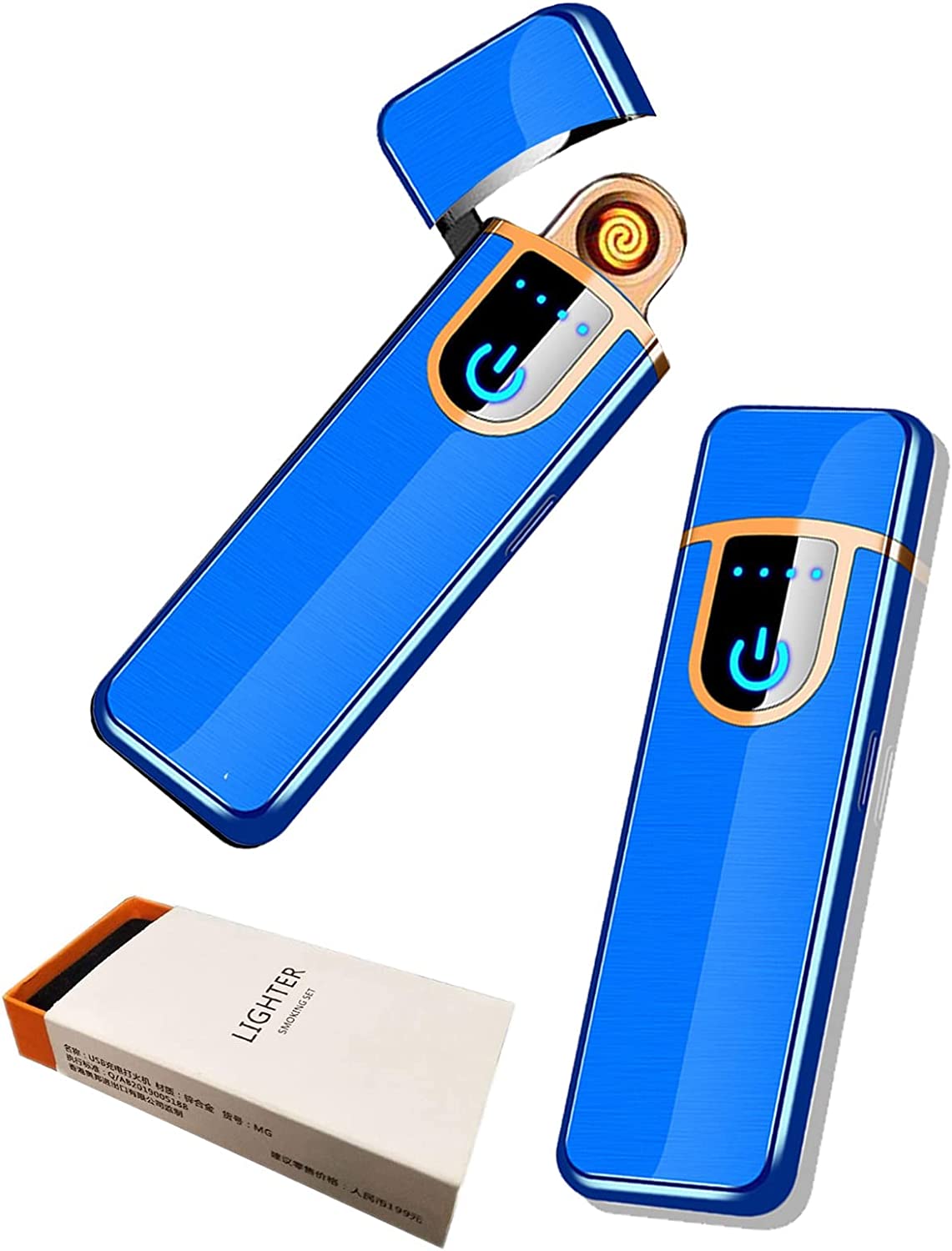 Electronic Lighter, USB Rechargeable Lighter, Mini Creative Touchscreen LED Power Display Windproof Flameless Lighter with Charging Cable, Mute Lighter for Boyfriends Father (Blue-A)