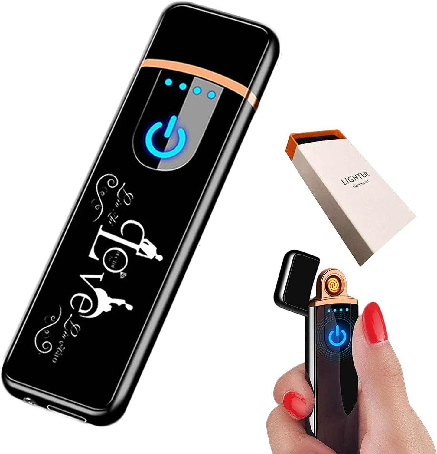 Electronic Lighter, USB Rechargeable Lighter, Mini Creative Touchscreen LED Power Display Windproof Flameless Lighter with Charging Cable, Mute Lighter for Boyfriends Father (Blue-A)