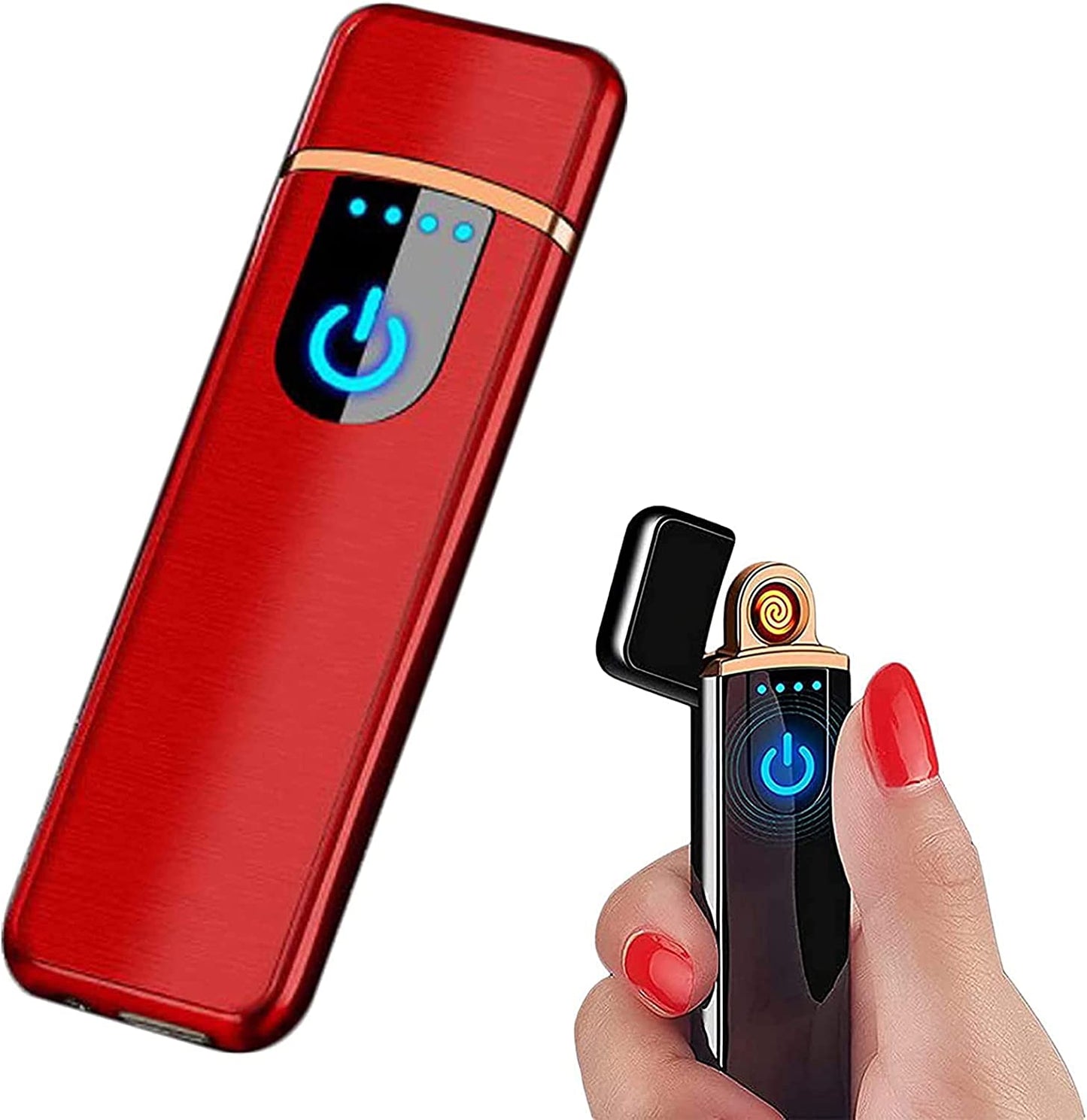 Electronic Lighter, USB Rechargeable Lighter, Mini Creative Touchscreen LED Power Display Windproof Flameless Lighter with Charging Cable, Mute Lighter for Boyfriends Father (Blue-A)