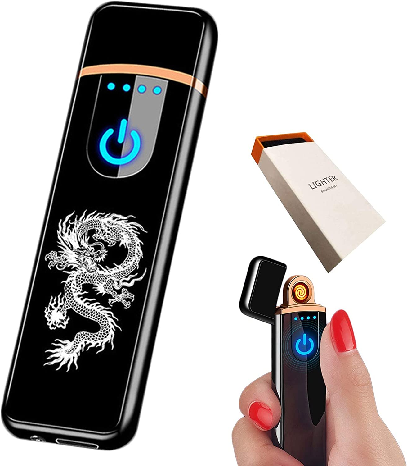 Electronic Lighter, USB Rechargeable Lighter, Mini Creative Touchscreen LED Power Display Windproof Flameless Lighter with Charging Cable, Mute Lighter for Boyfriends Father (Blue-A)