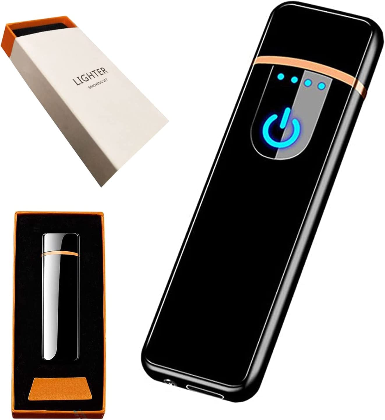 Electronic Lighter, USB Rechargeable Lighter, Mini Creative Touchscreen LED Power Display Windproof Flameless Lighter with Charging Cable, Mute Lighter for Boyfriends Father (Blue-A)