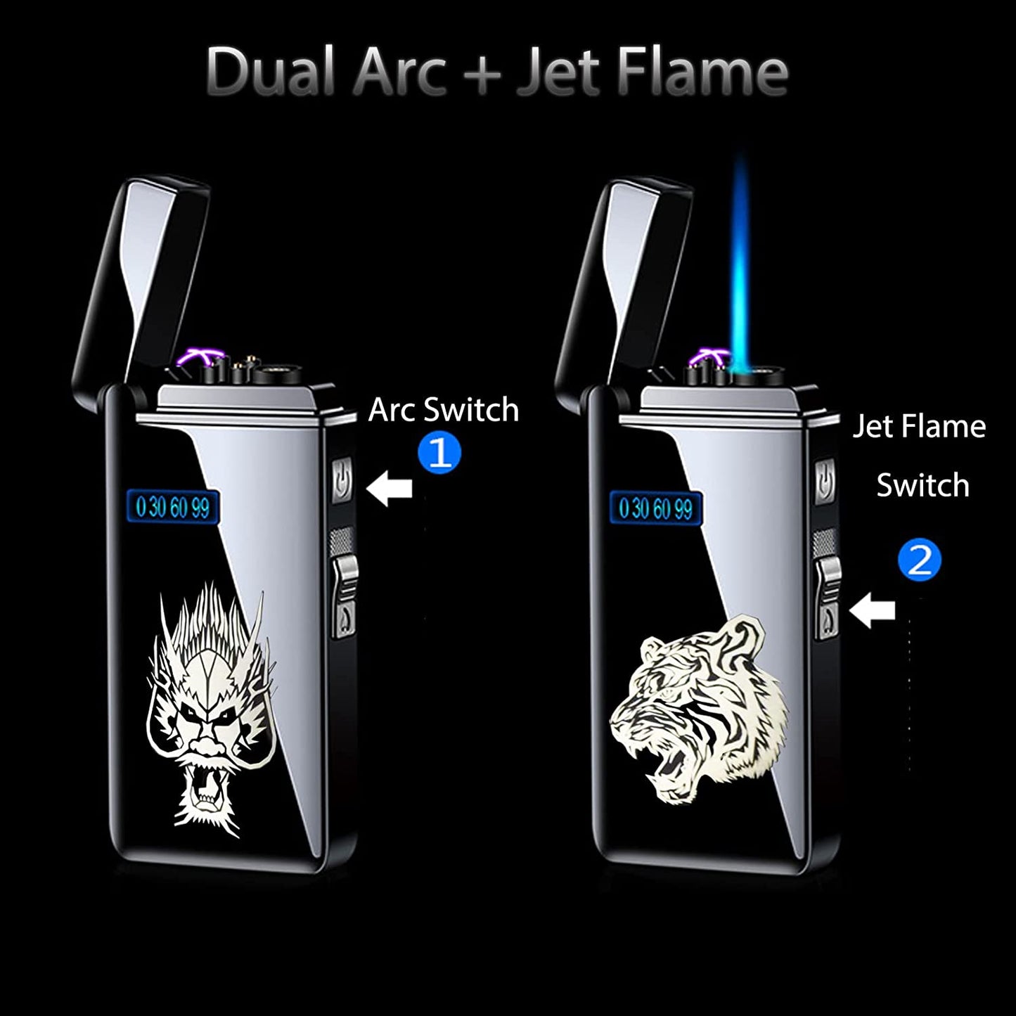 Electronic Lighter, Jet Flame Torch Lighter Electric Arc Lighter Refillable Butane 2 in 1, Windproof Infinity USB Rechargeable Lighter for BBQs,Fireworks ,Candle,Camping Indoor Outdoor